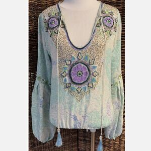 $345 TAJ by Sabrina Crippa 100% Silk BOHO Beaded Blouse, Pastels Size S